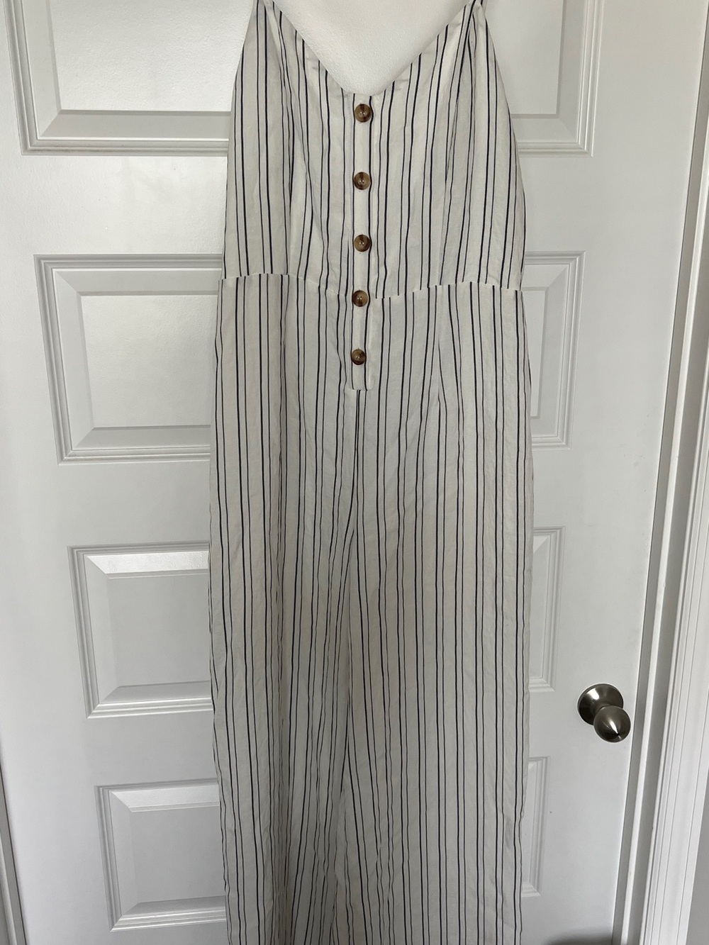 Skies Are Blue Cream and Black Vertical-Stripe Jumpsuit